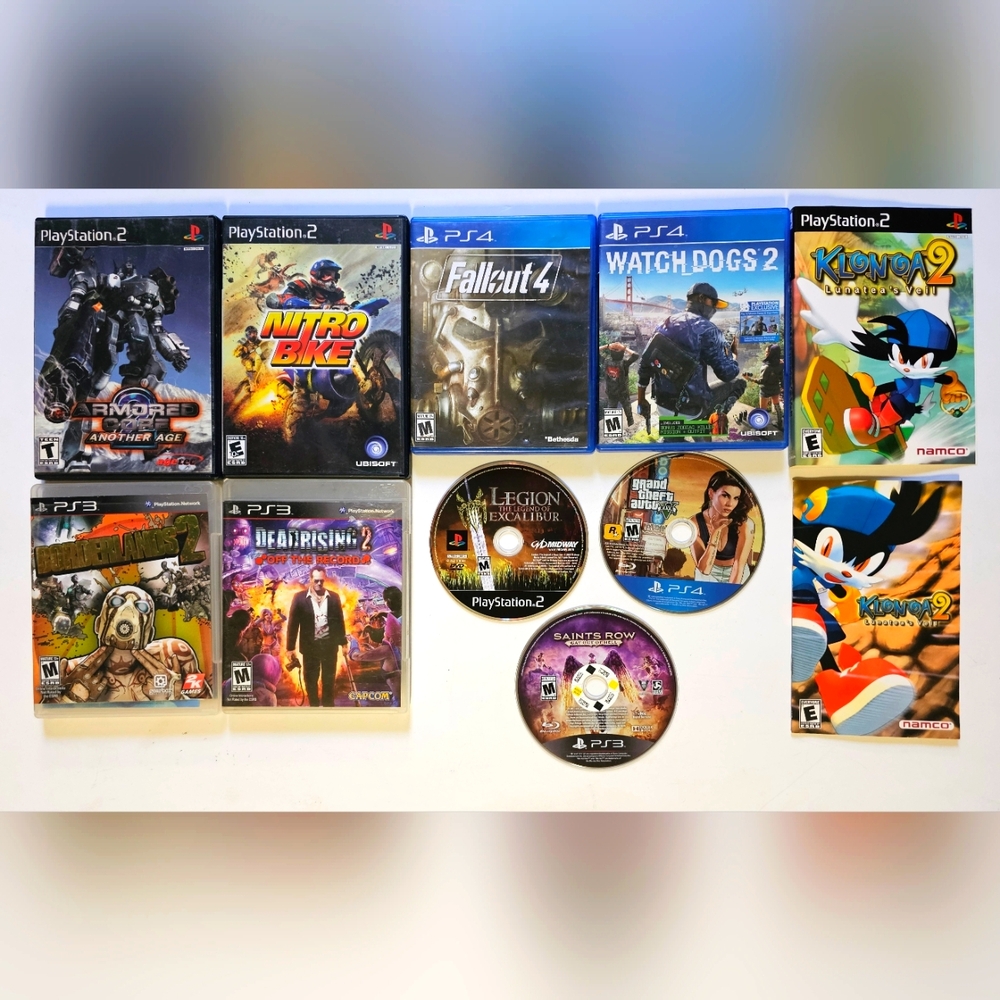 PlayStation 2, 3, & 4 Games lot of 9 (Arnored Core 2, GTA 5, Fallout 4, & More)